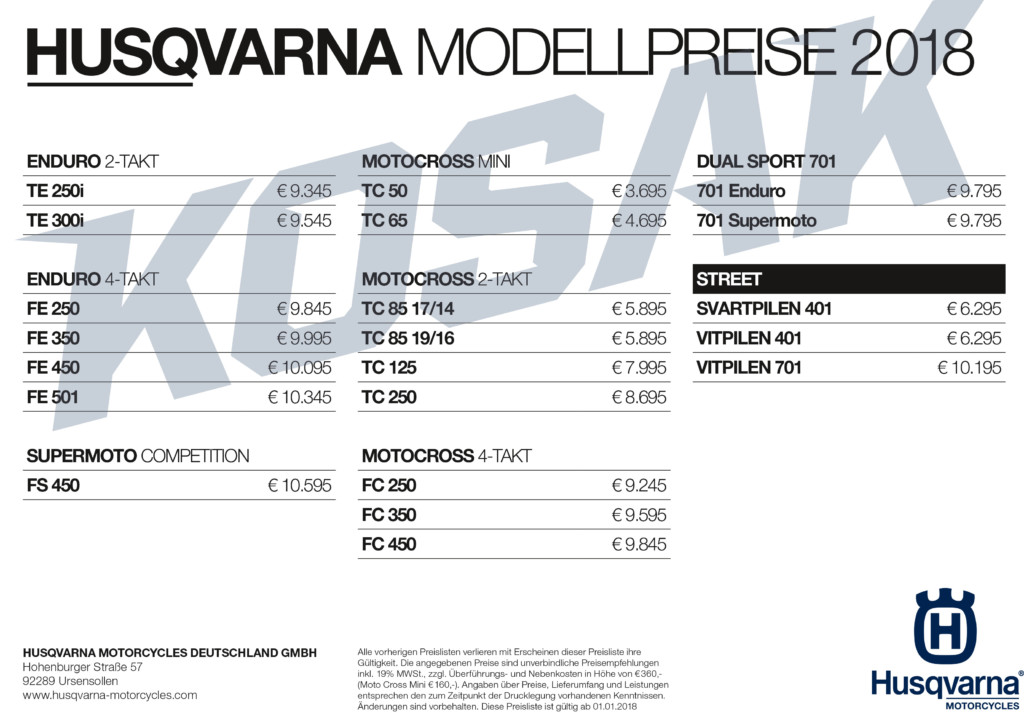 HQV Modellpreisliste 2018 kosak Husqvarna Preise